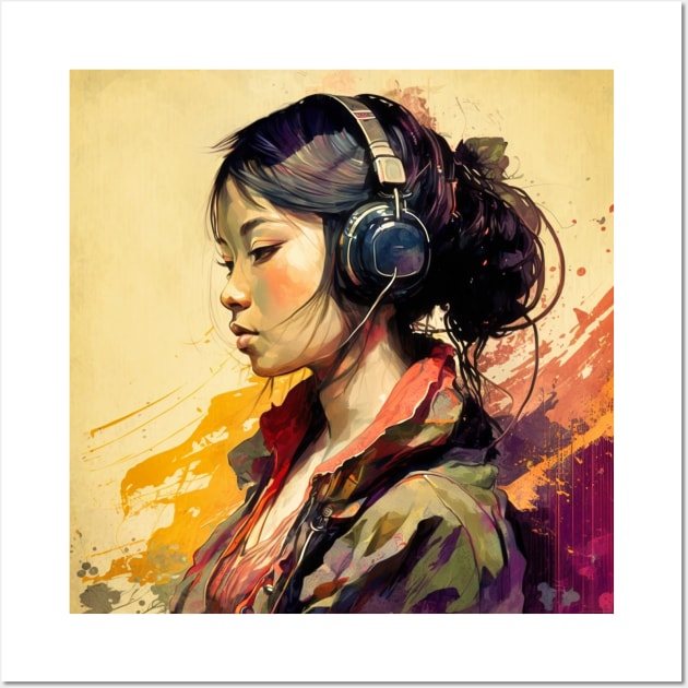 Music Lover-Listening to Music with Earphones-Asian Woman Wall Art by Unboxed Mind of J.A.Y LLC 